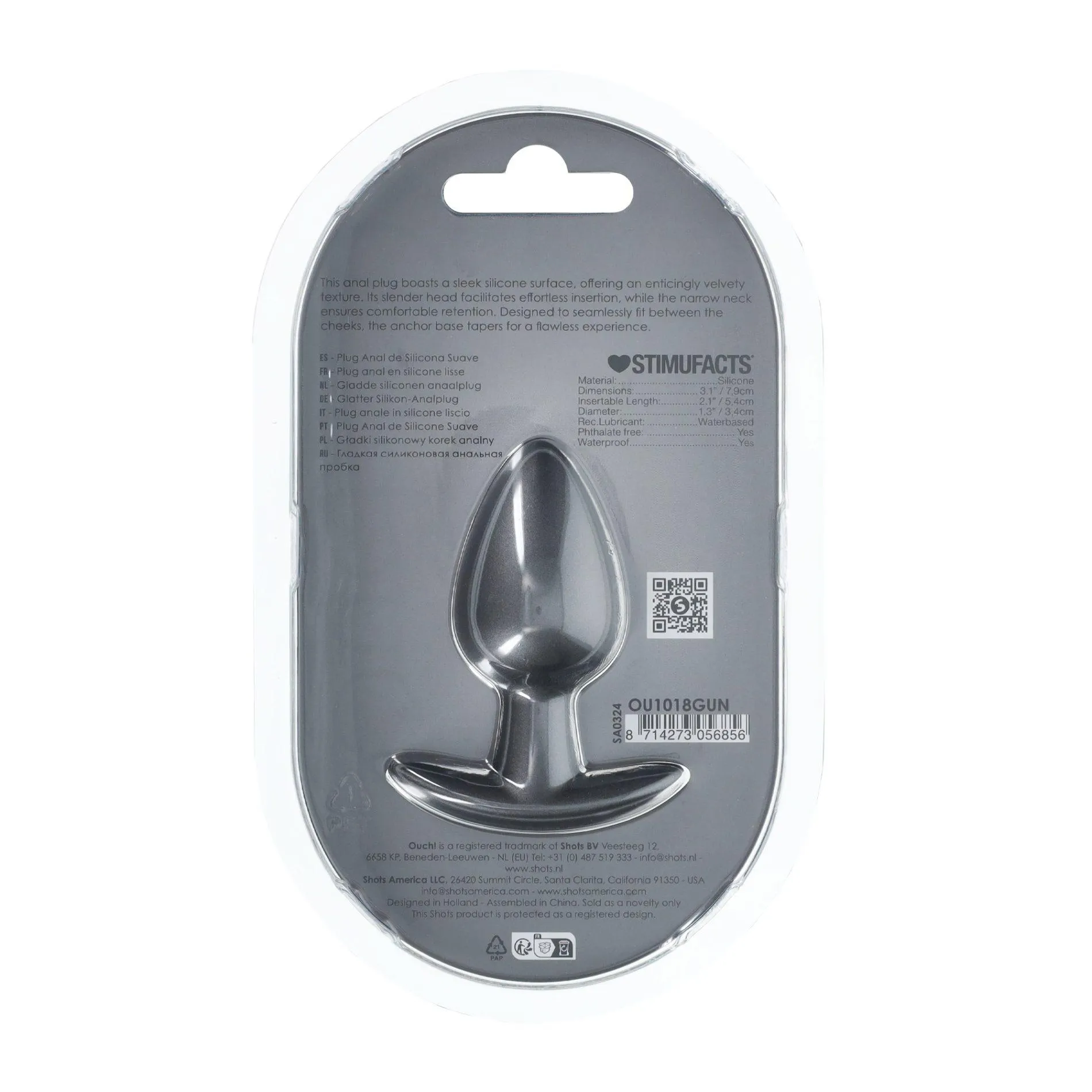 Ouch! Smooth Anal Plug Metallic M - Korek analny, Szary, 7.9 cm, M