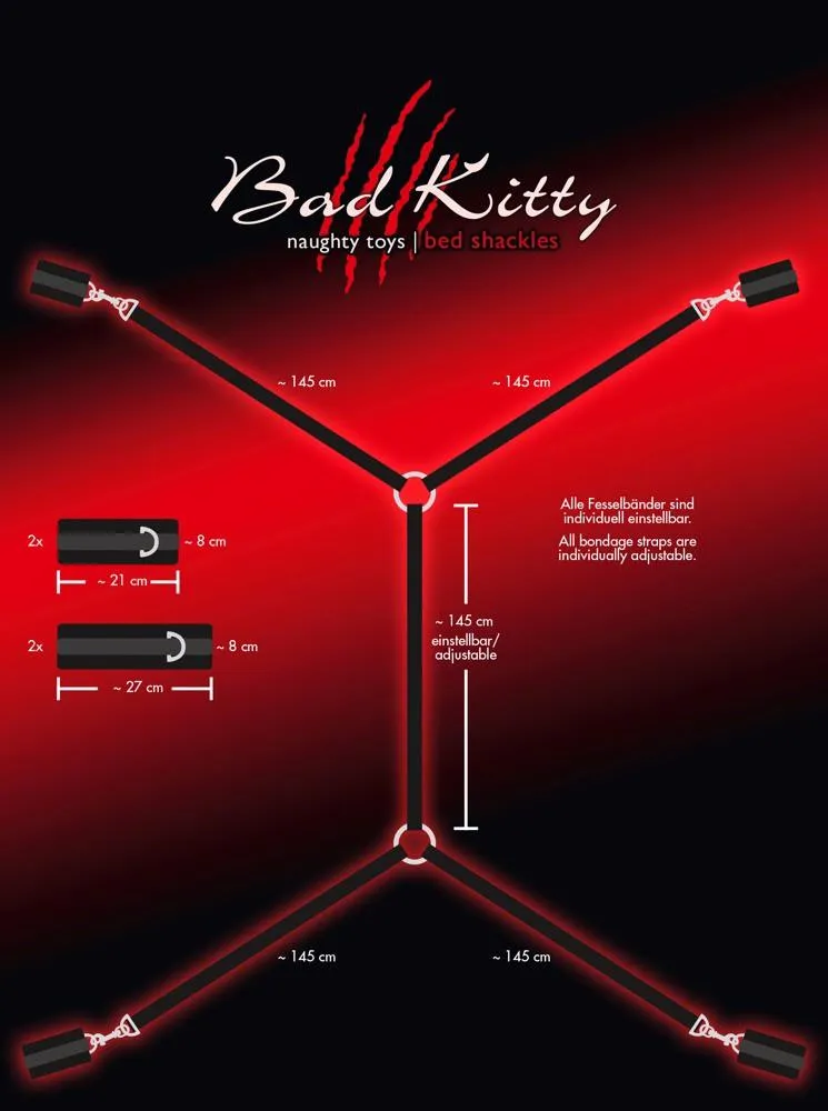 Bad Kitty Bed Shackles - Zestaw do bondage, Czarny, 145 cm