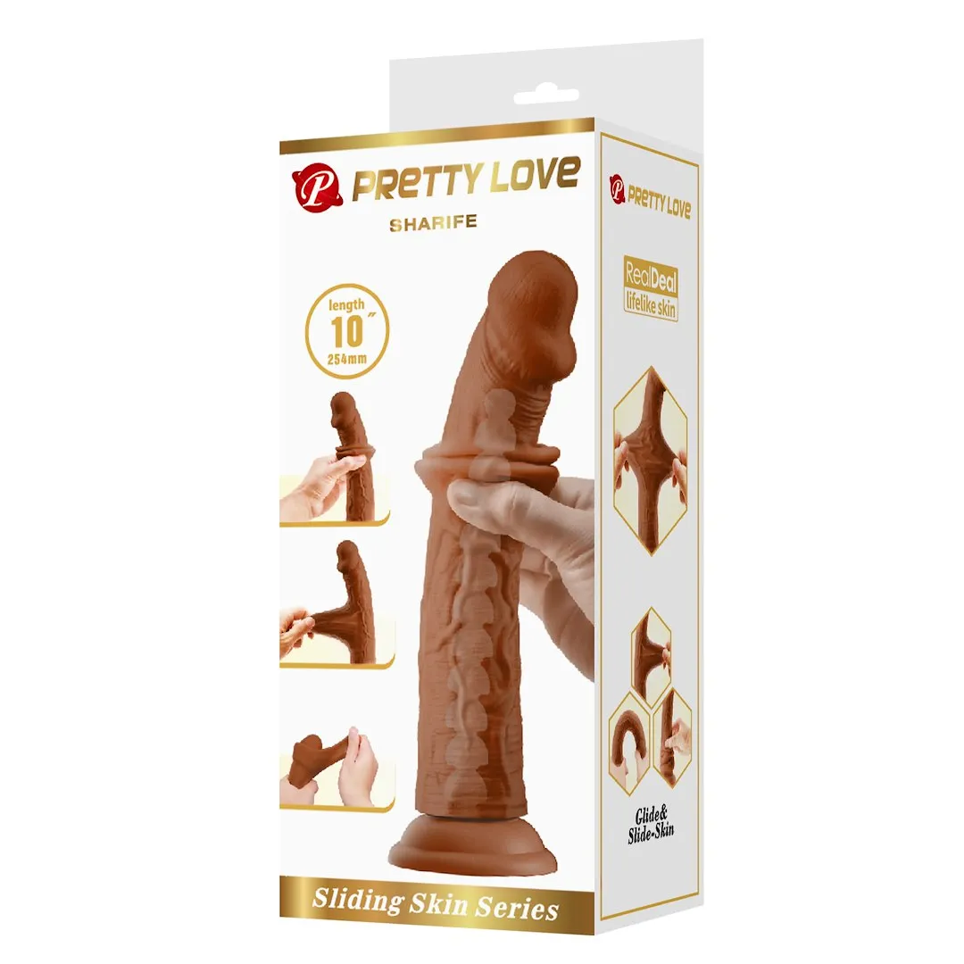Pretty Love Sliding Skin Sharife 10" - Dildo, Brązowy, 25.4 cm