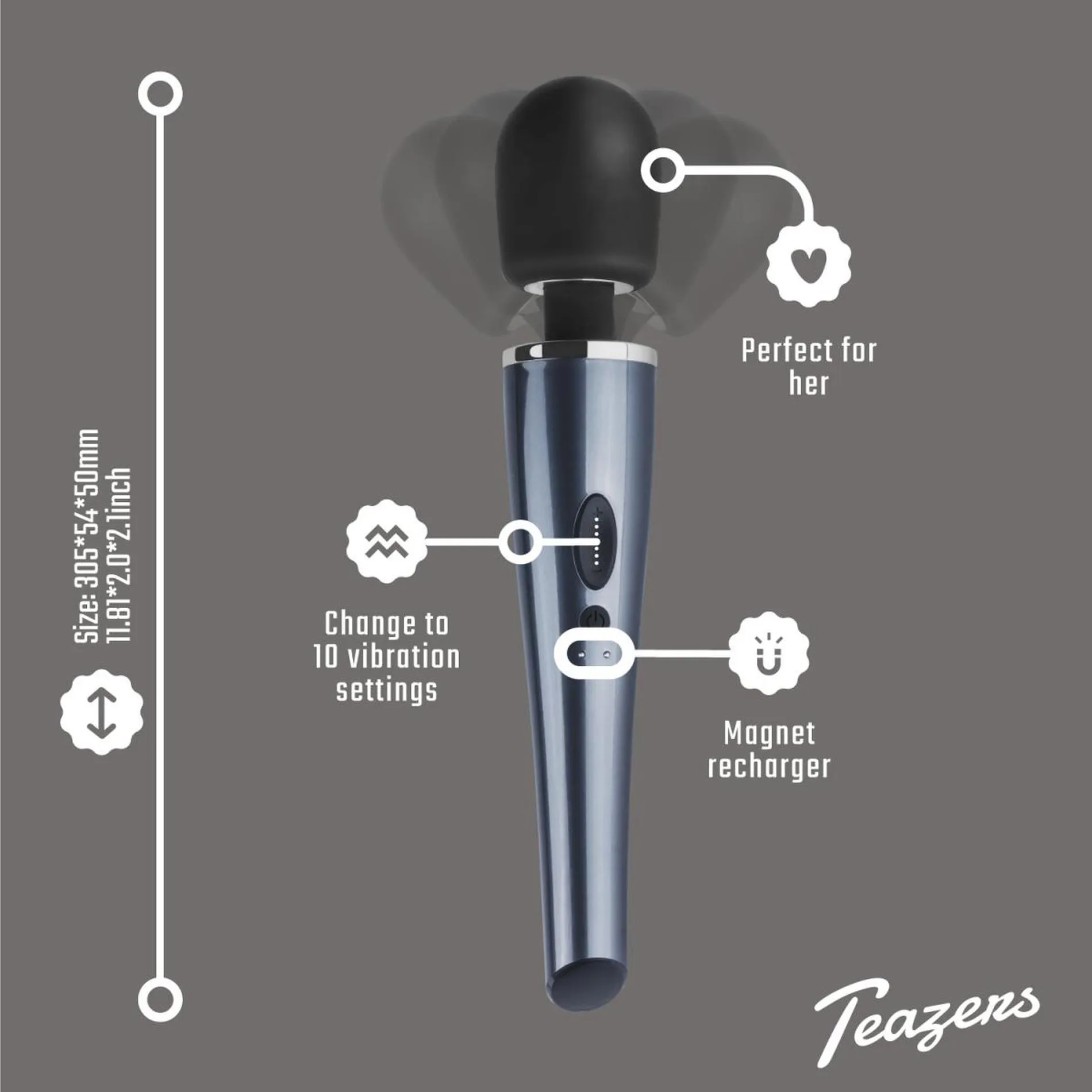 Вибромассажер Teazers Lightning Wand, 32 см (черный)