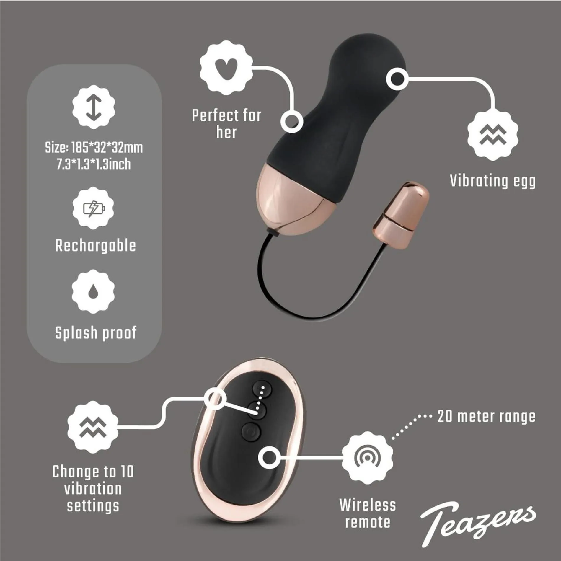 Teazers Egg With Remote - Wibrujące jajko, Czarny, 8 cm
