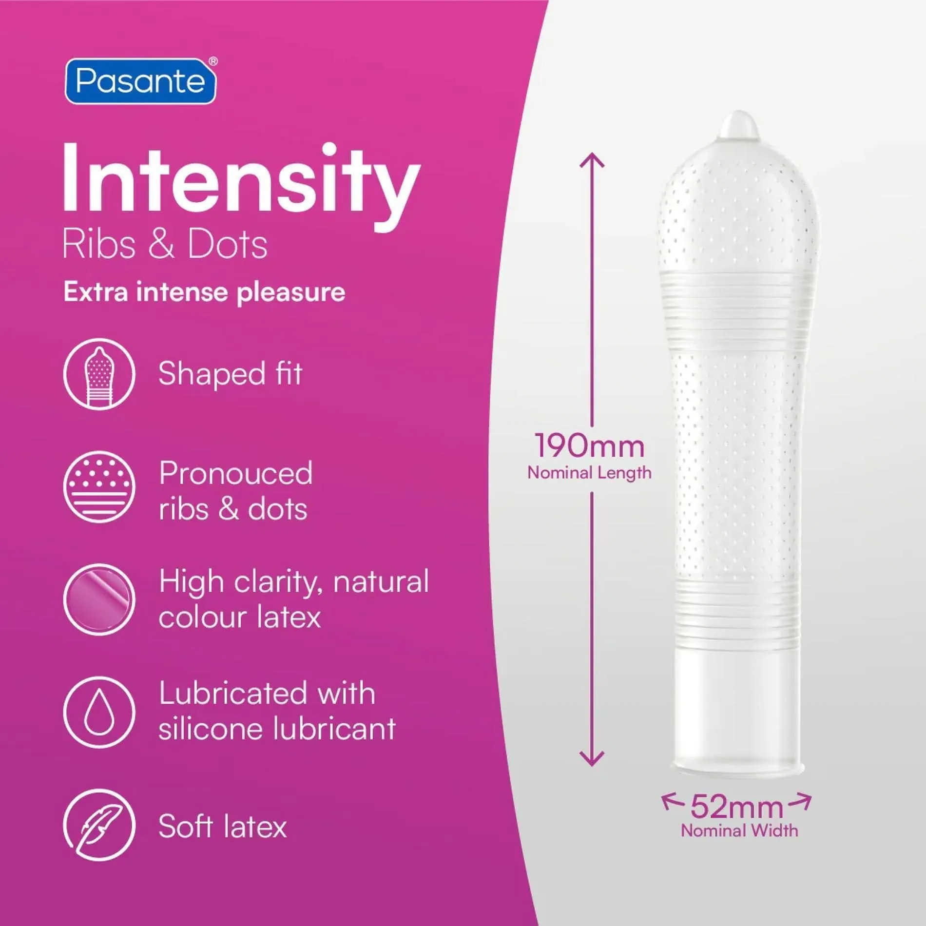Pasante Ribs & Dots Intensity - Prezerwatywy, Przezroczysty, Bezzapachowy, 19 cm