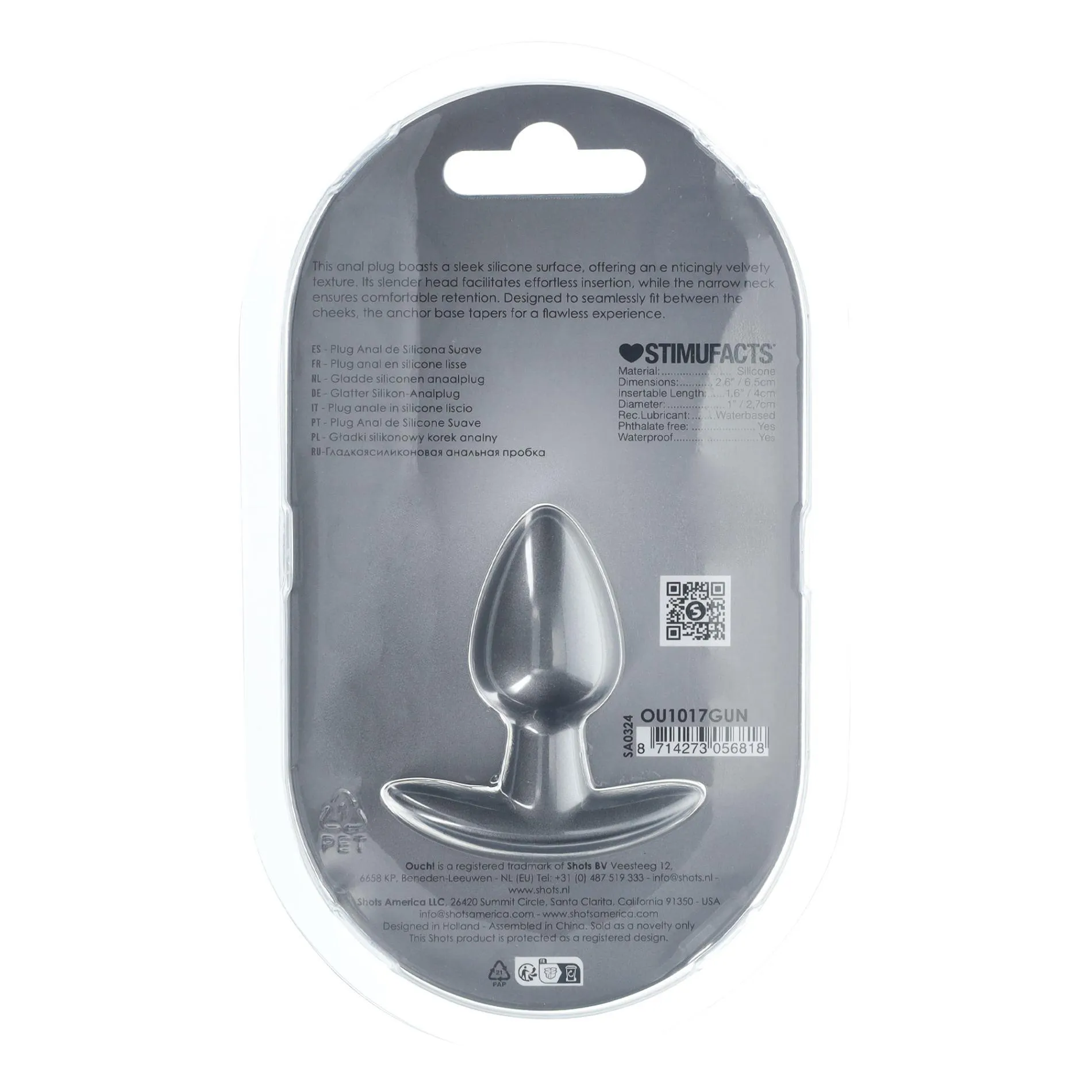 Анальна пробка Ouch! Smooth Anal Plug Metallic S, 6.5 см (сірий)