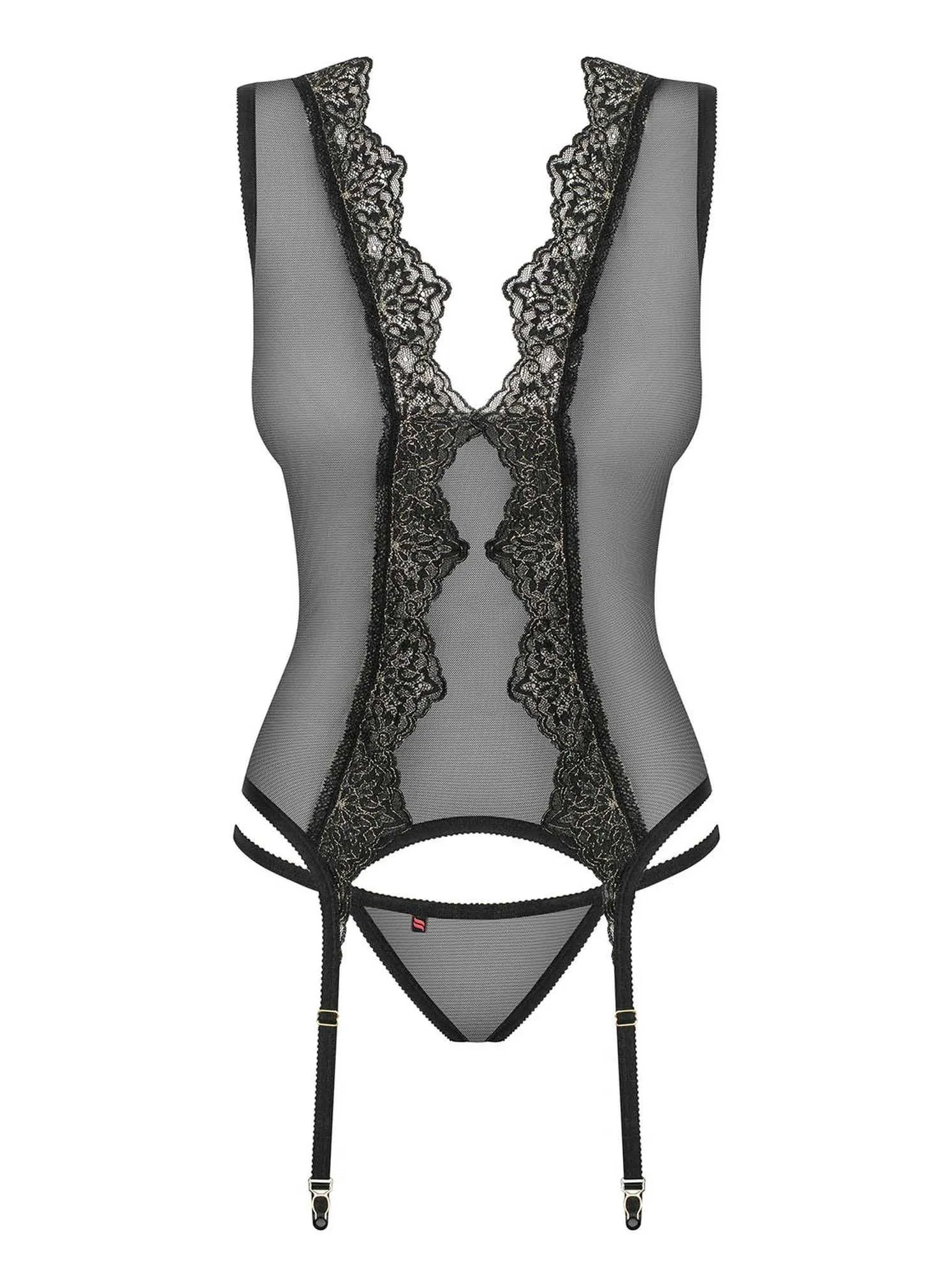 Корсет і стринги Obsessive Meshlove, L/XL (чорний)