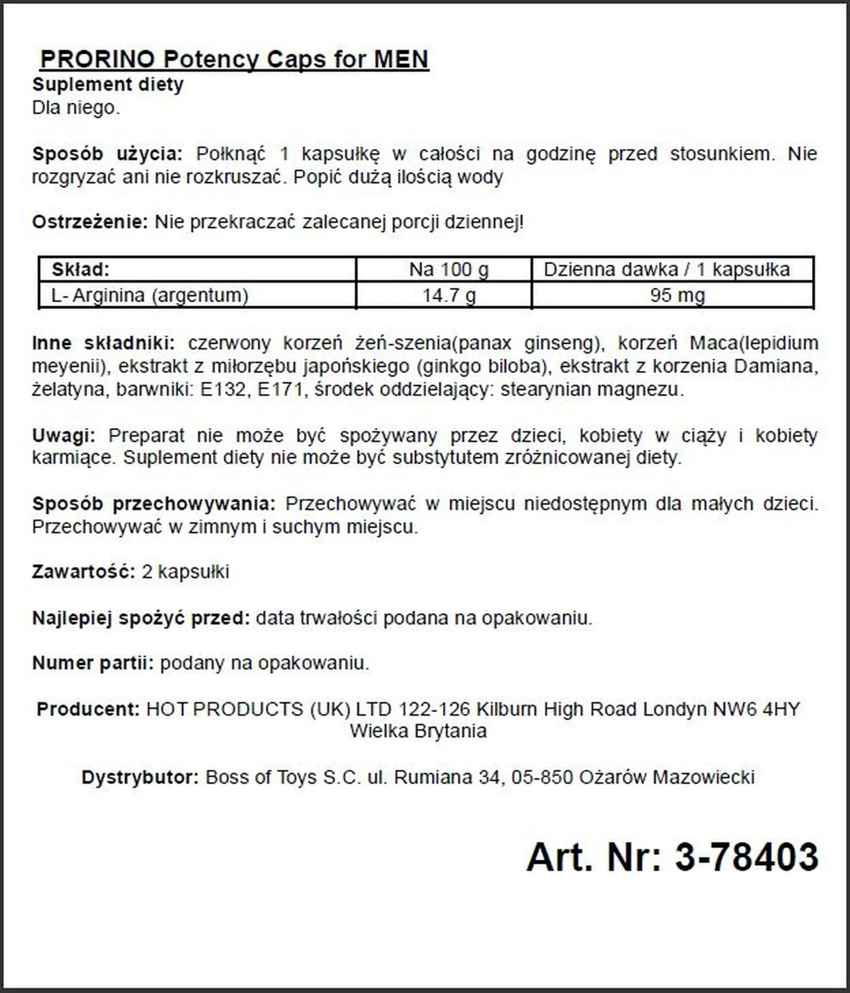Hot Potency Caps for men - Tabletki na potencję, Niebieski, Bezzapachowy