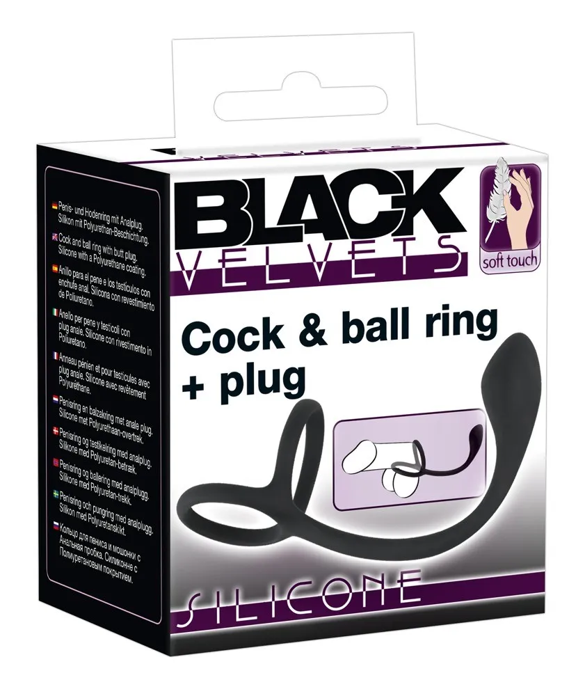 Эрекционное кольцо с анальным стимулятором Black Velvets Cock & Ball Ring, 22.5 см (черный)