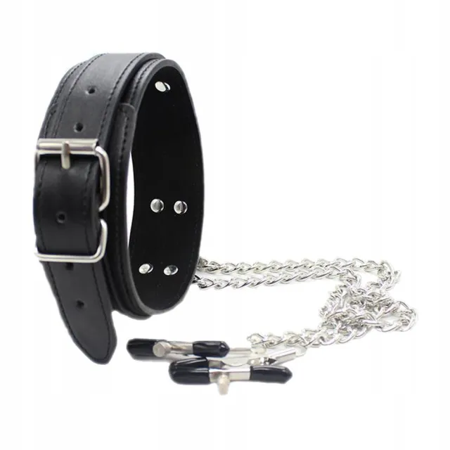 Ошейник с зажимами для сосков Fetish Addict Collar With Nipple Clamps, 51,5 см (черный)