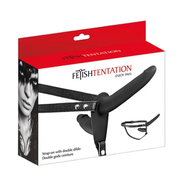 Подвійний страпон Fetish Tentation Strap-On With Double Dildo, 15 см (чорний)