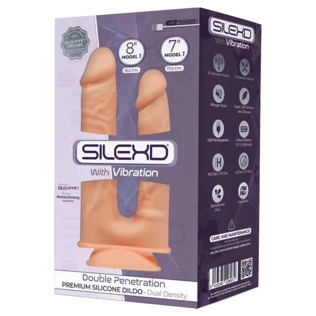 Silexd Double Model 1 - Podwójny dildo z wibracjami, W kolorze cielistym, 19.5 cm