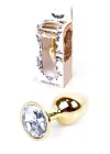 B - Series HeavyFun Jewellery Gold Plug - Metalowy korek analny z kryształem, Przezroczysty, 7 cm, S