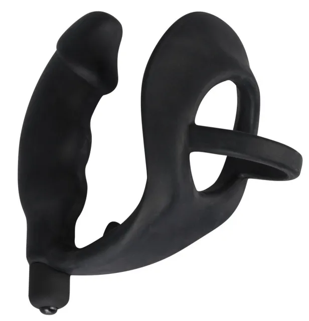 Black Velvets - Wibrujący pierścień erekcyjny z korkiem analnym, Czarny, 13.5 cm