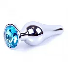 Металлическая анальная пробка с кристаллом Boss Jewellery Silver Butt Plug Light, 9,5 см (голубой)