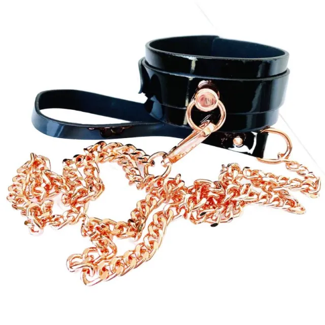 Нашийник з повідцем Kinky Diva High Gloss O-Ring (чорний/рожеве золото)