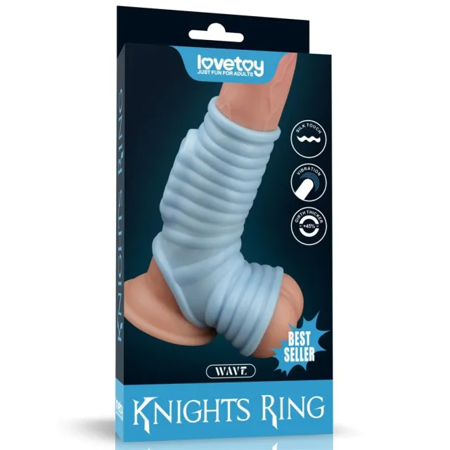 Lovetoy Knights Ring Vibrating Wave With Scrotum Sleeve - Wibrująca nakładka na penisa, Niebieski, 14, 4 cm