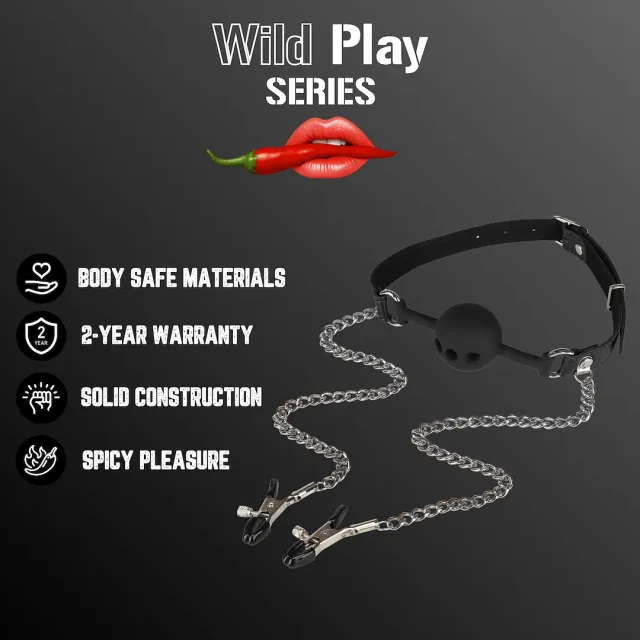 EROSPACE Wild Play C15 - Knebel z zaciskami na sutki, Czarny