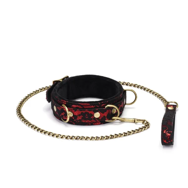Нашийник з повідцем Liebe Seele Victorian Garden Lace and Vegan Collar With Leash (чорний з червоним)
