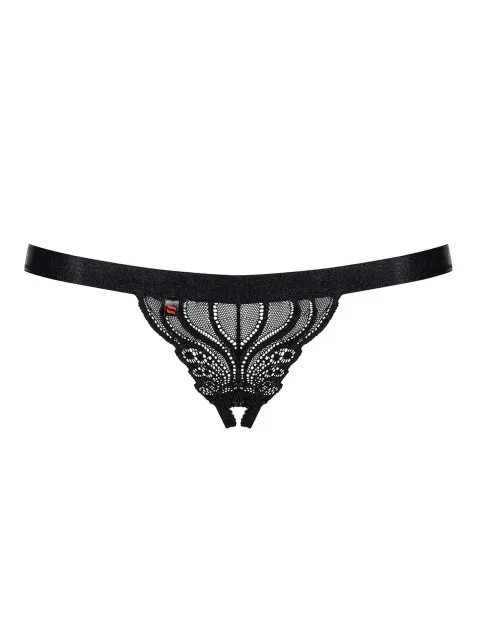 Кружевные стринги с открытой промежностью Obsessive 828, L/XL (черный)