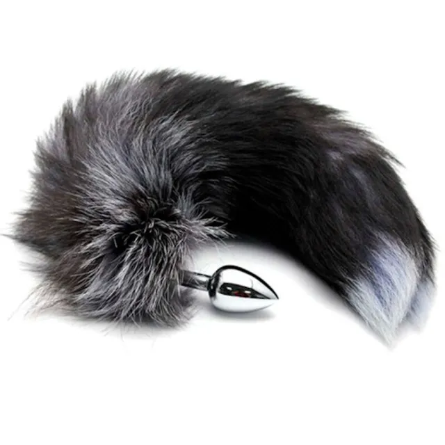 Анальная пробка Alive Anal Pleasure Black And White Fox Tail M, 8 см (серебристый)