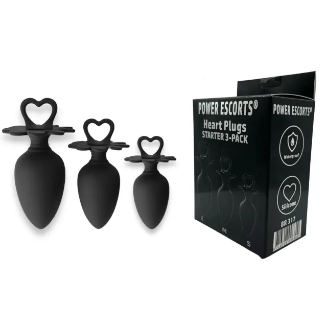 Power Escorts Heart Plug Anal - Zestaw korków analnych, Czarny, 11.4 cm