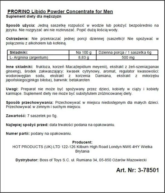 Порошок для потенции Hot Prorino Black Line, 7 саше