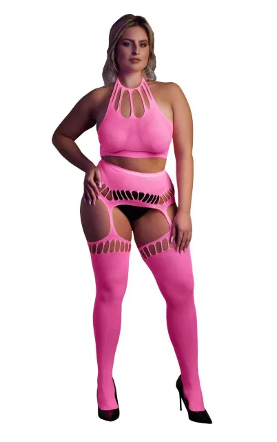 Комплект белья Ouch! Two Piece with Crop Top and Stockings, XL/XXXXL (розовый)