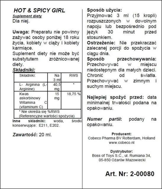 Cobeco Hot Spicy Girl - Krople, Przezroczysty, Bez smaku, 20 ml