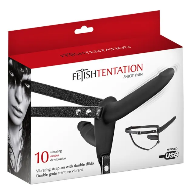 Двойной страпон с вибрацией на ремешке Fetish Tentation, 15 см (черный)
