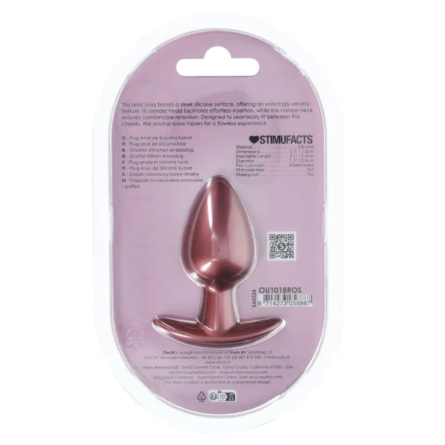 Анальная пробка Ouch! Smooth Anal Plug Metallic M, 7.9 см (розовое золото)