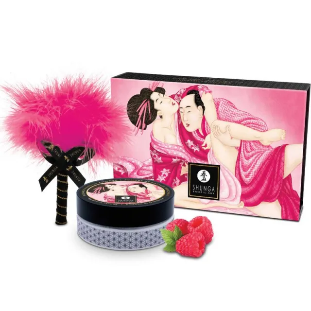 Shunga Kissable Massage Powder Raspberry Feeling - Zestaw do masażu, Malina, 75 ml