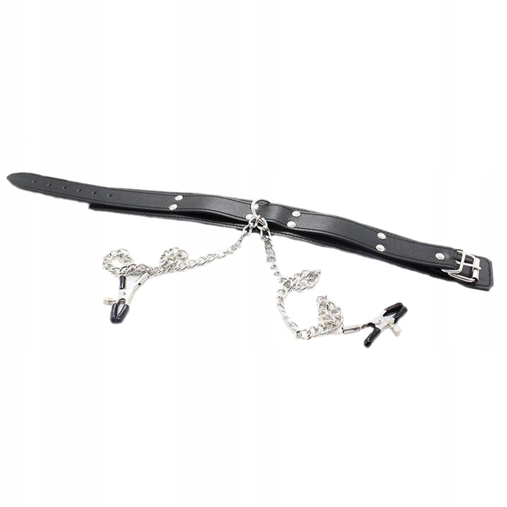 FETISH ADDICT Collar With Nipple Clamps - Obroża z klamerkami na sutki, Czarny, 51.5 cm