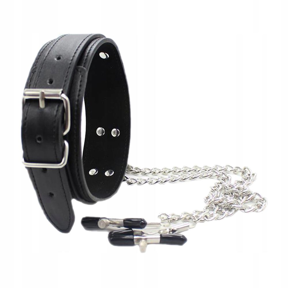FETISH ADDICT Collar With Nipple Clamps - Obroża z klamerkami na sutki, Czarny, 51.5 cm