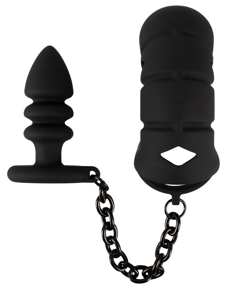 Пояс верности для мужчин Black Velvets Cock Cage With a Butt Plug, 11.5 см (черный)