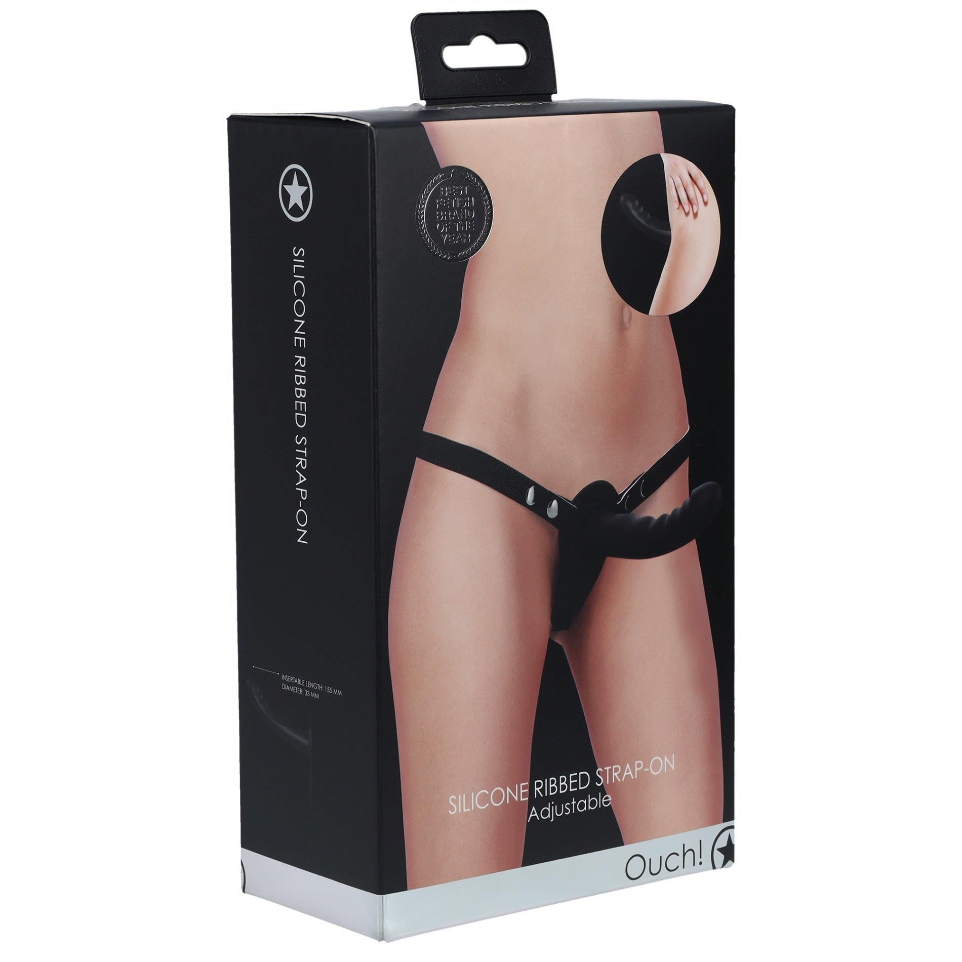 Страпон Ouch! Silicone Ribbed Strap-On, 15.5 см (чорний)