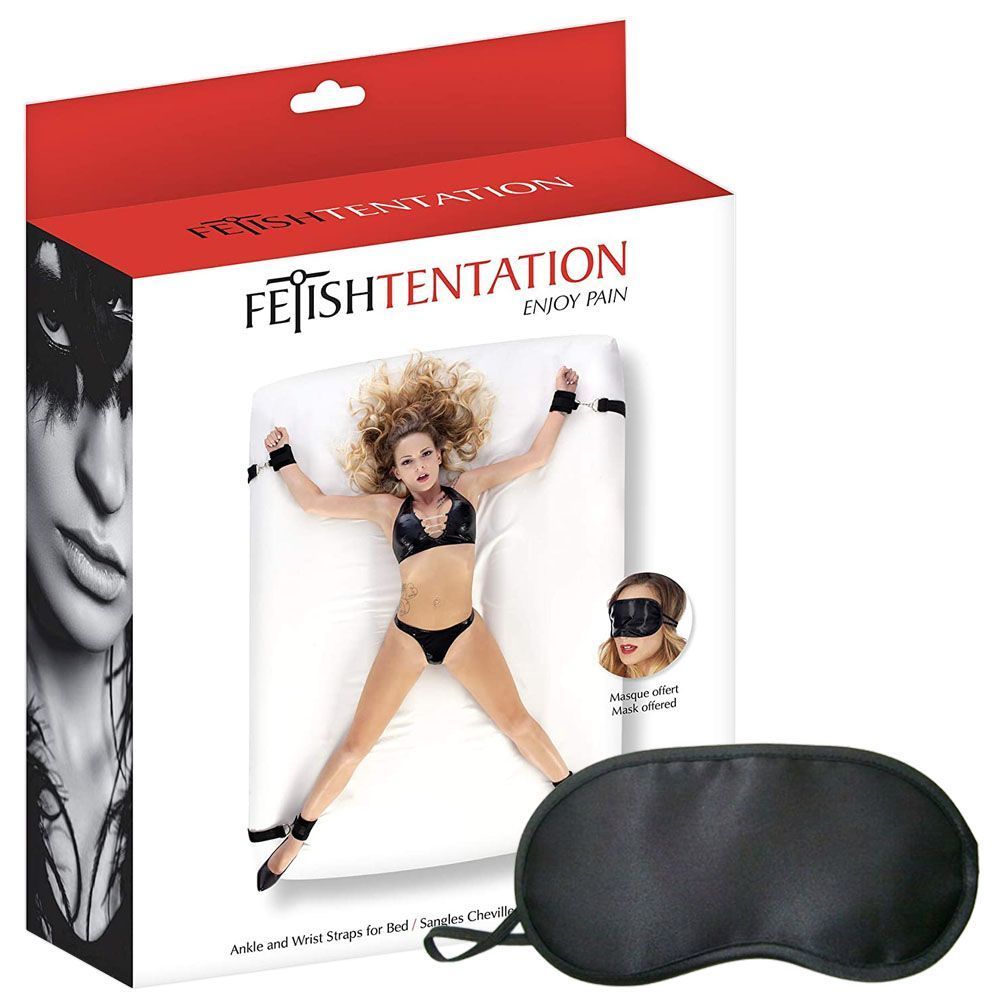 Обмежувальний ремінь для рук і ніг для ліжка з маскою для очей Fetish Tentation (чорний)