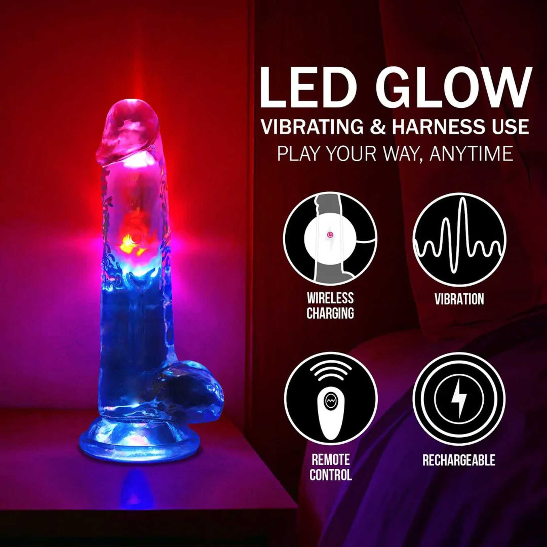 RealRock LED Vibrating Straight Cock with Balls - Dildo, Przezroczysty, 20 cm
