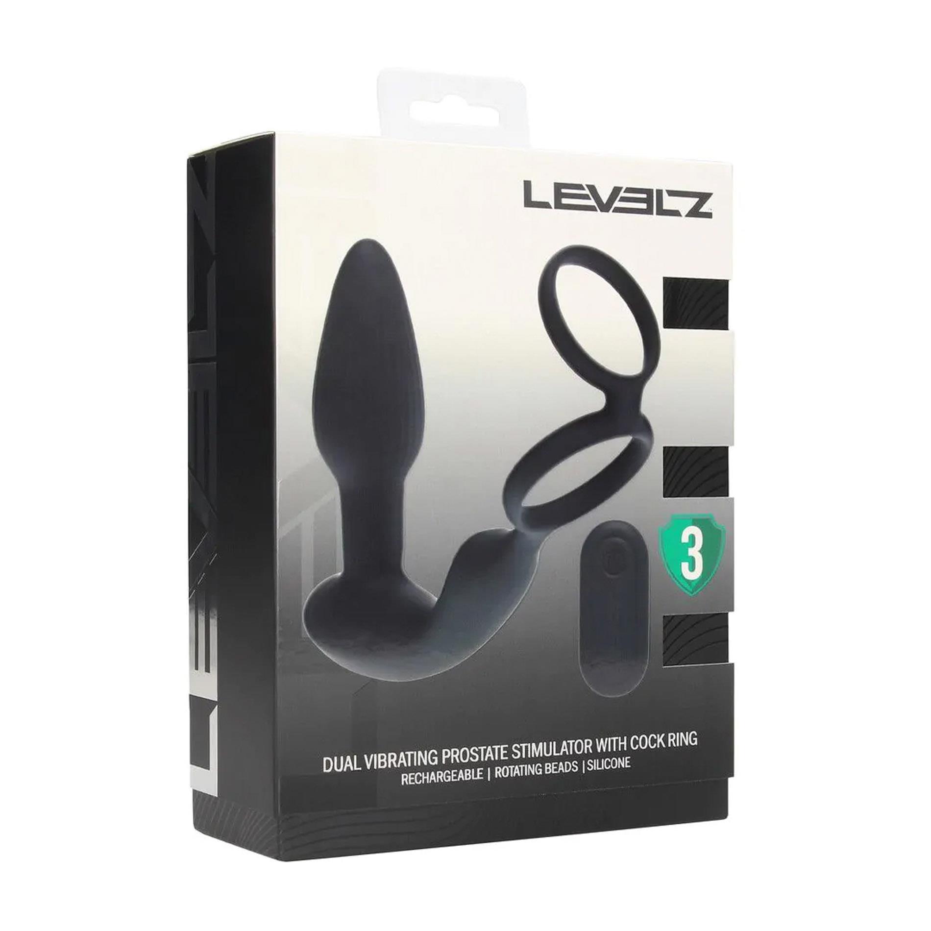 Levelz Dual Vibrating Remote Rotating Beads Silicone Prostate Stimulator with Cock and Ball Ring - Stymulator prostaty, Czarny, 17.3 cm