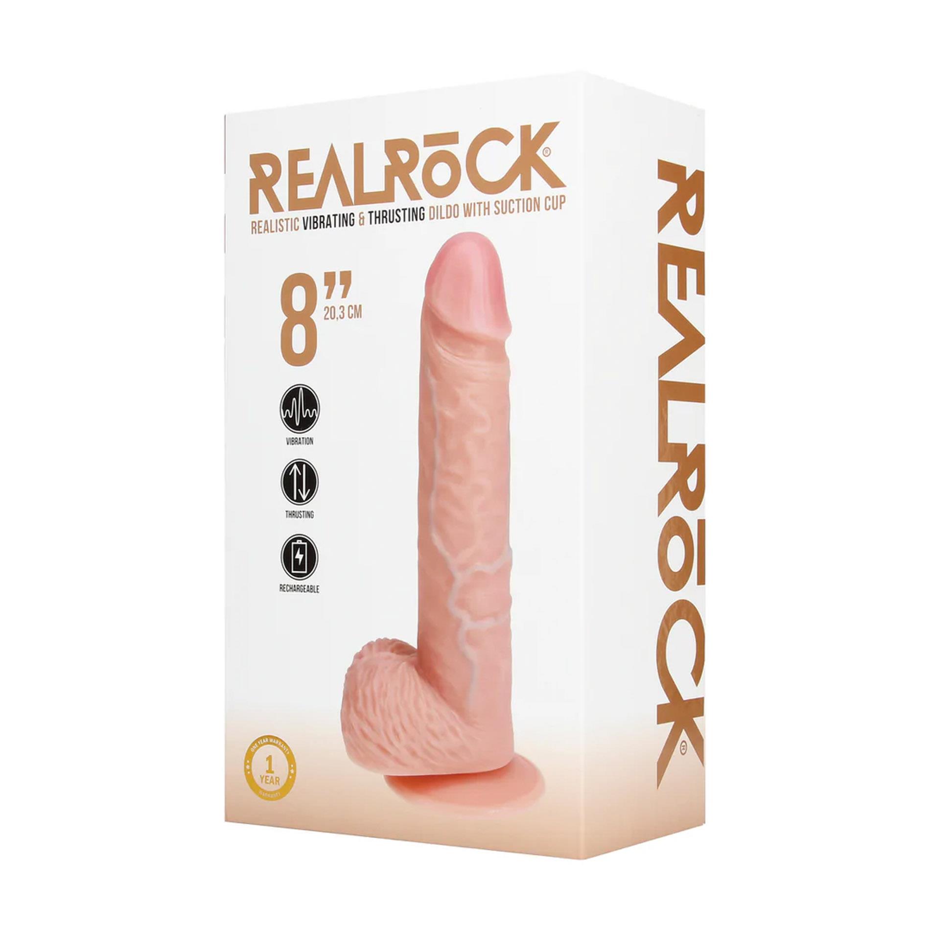 Вібратор RealRock Vibrating and Thrusting Straight Cock with Balls, 20.5 см (тілесний)