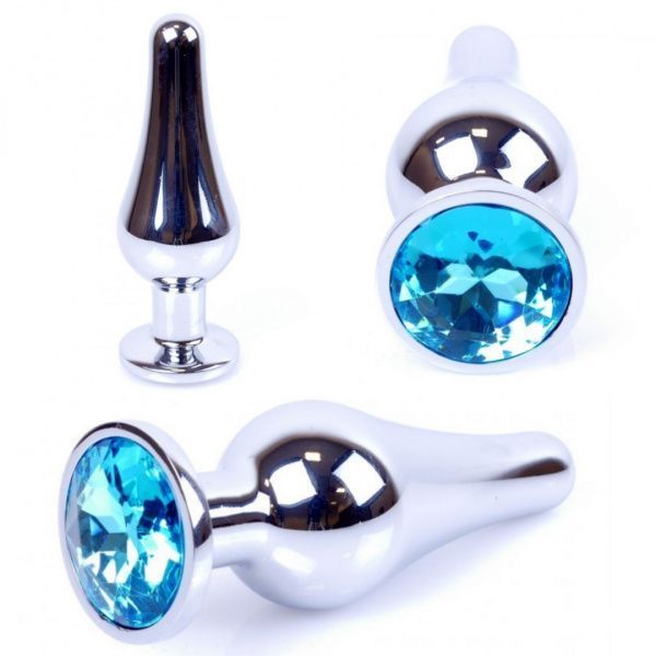 Металева анальна пробка з кристалом Boss Jewellery Silver Butt Plug Light, 9,5 см (блакитний)