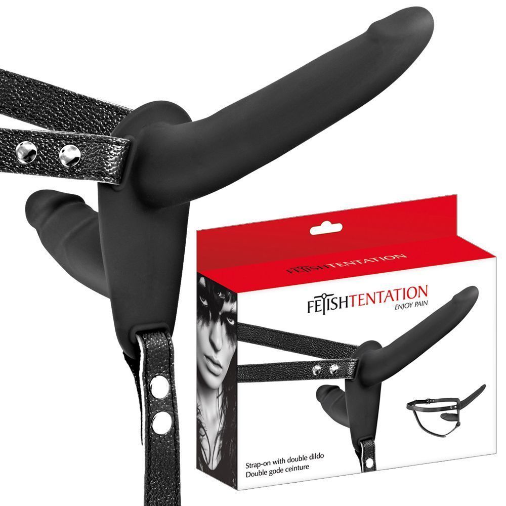 Двойной страпон Fetish Tentation Strap-On With Double Dildo, 15 см (черный)