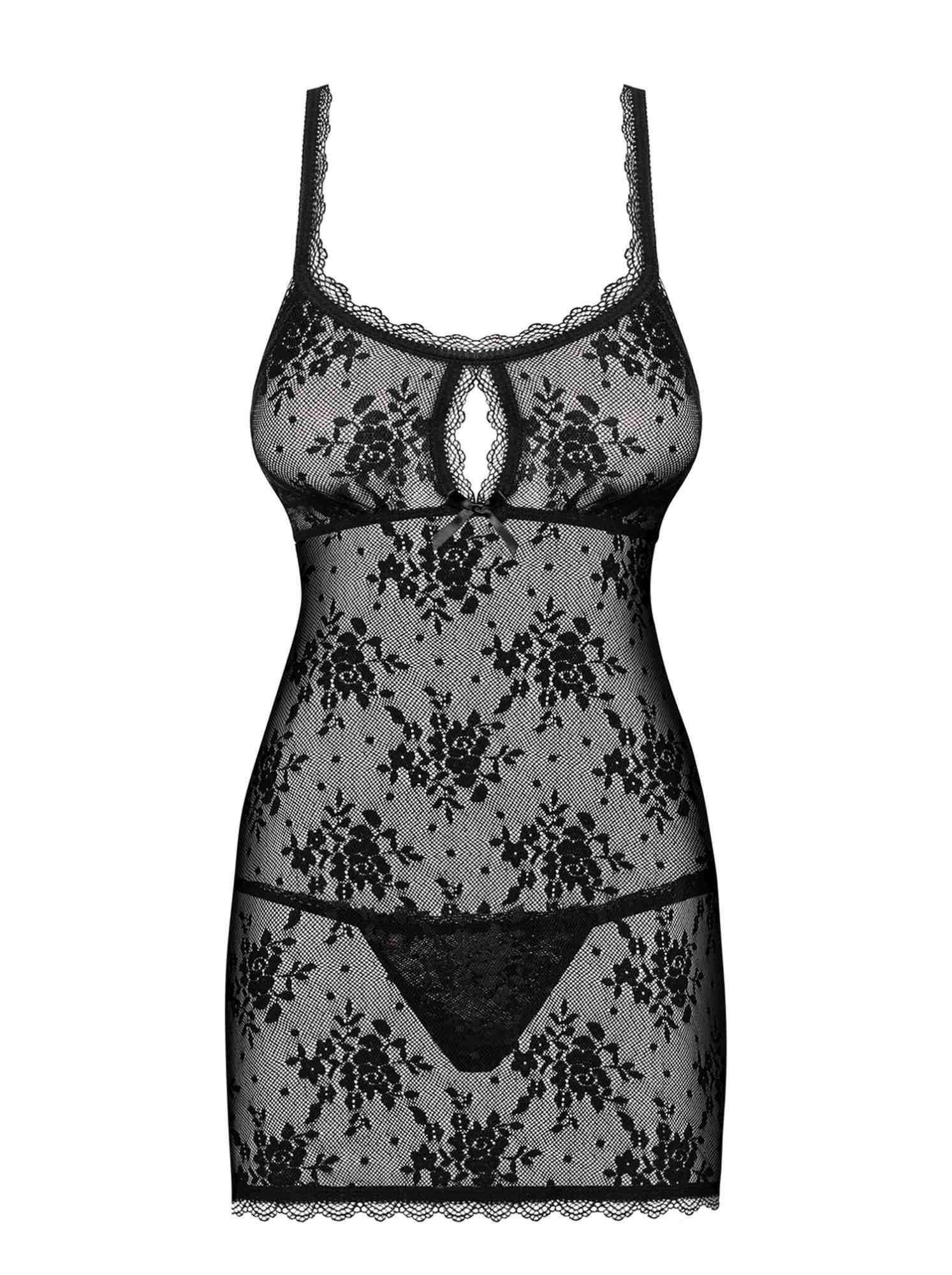 Комплект пеньюар + трусики-стринги Obsessive Behindy, L/XL (черный)