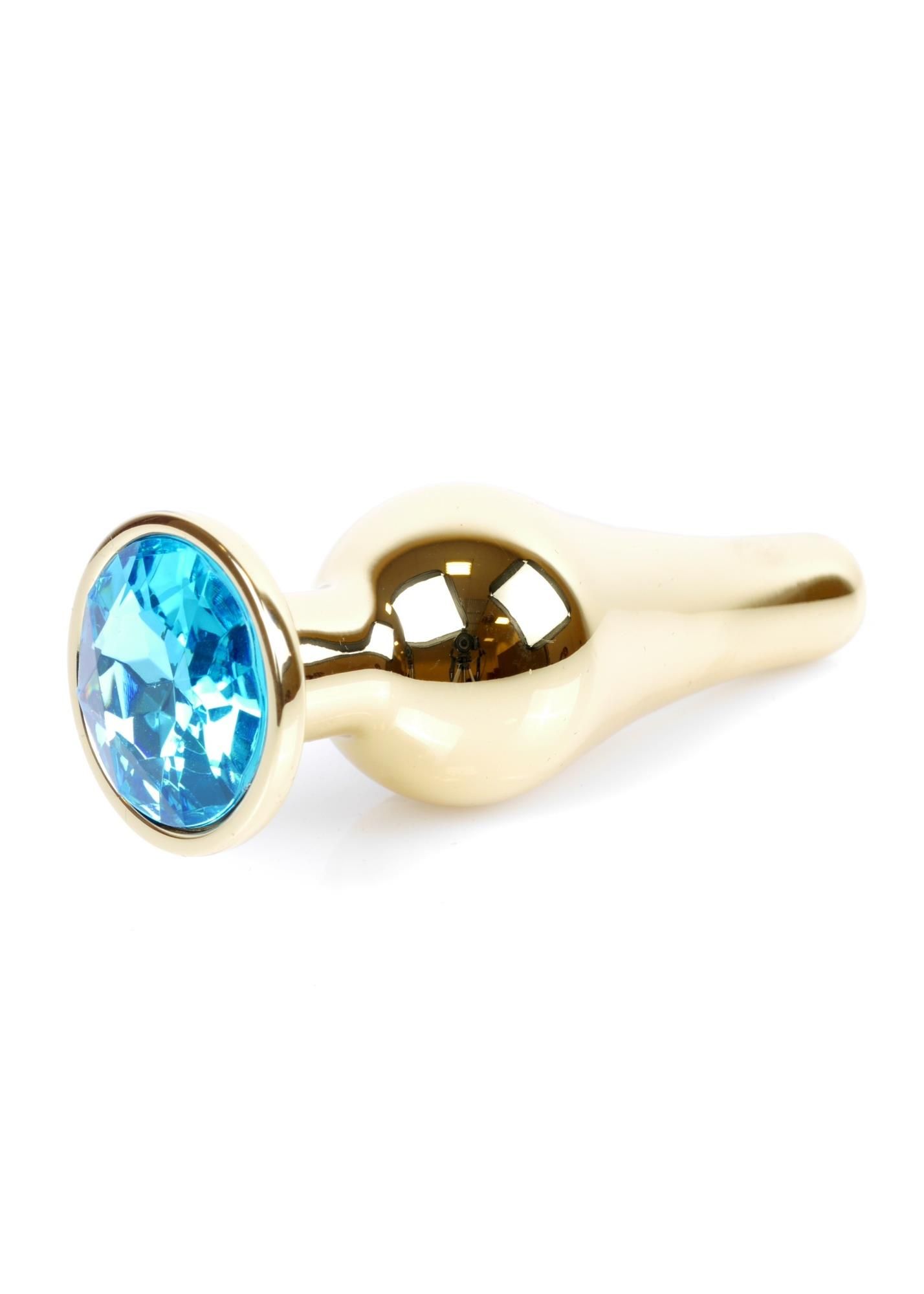 Металева анальна пробка з кристалом Boss Jewellery Gold Butt Plug Light, 9,5 см (блакитний)