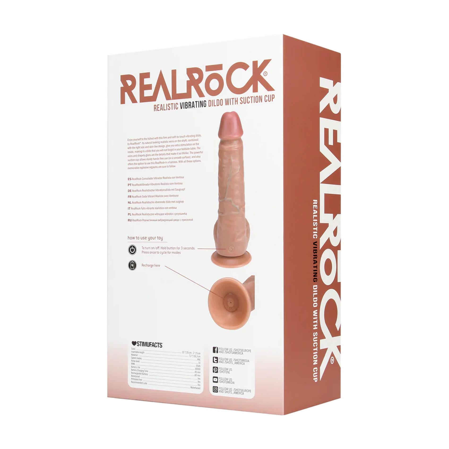 RealRock Vibrating Regular Straight Cock with Balls - Dildo, Brązowy, 23 cm