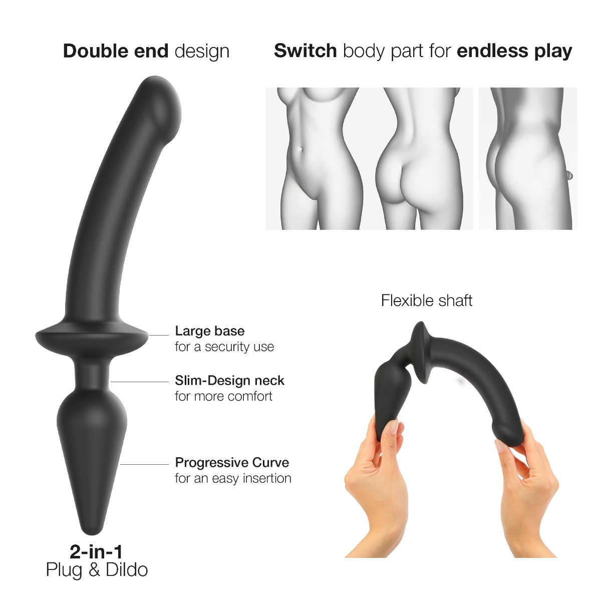 Фаллоимитатор с анальной пробкой Strap-On-Me Switch Plug-In Dildo S, 21 см (черный)