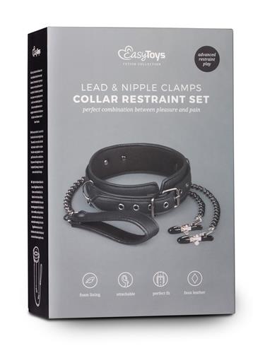 Easytoys Leather Collar With Nipple Chains - Zaciski na sutki, Czarny