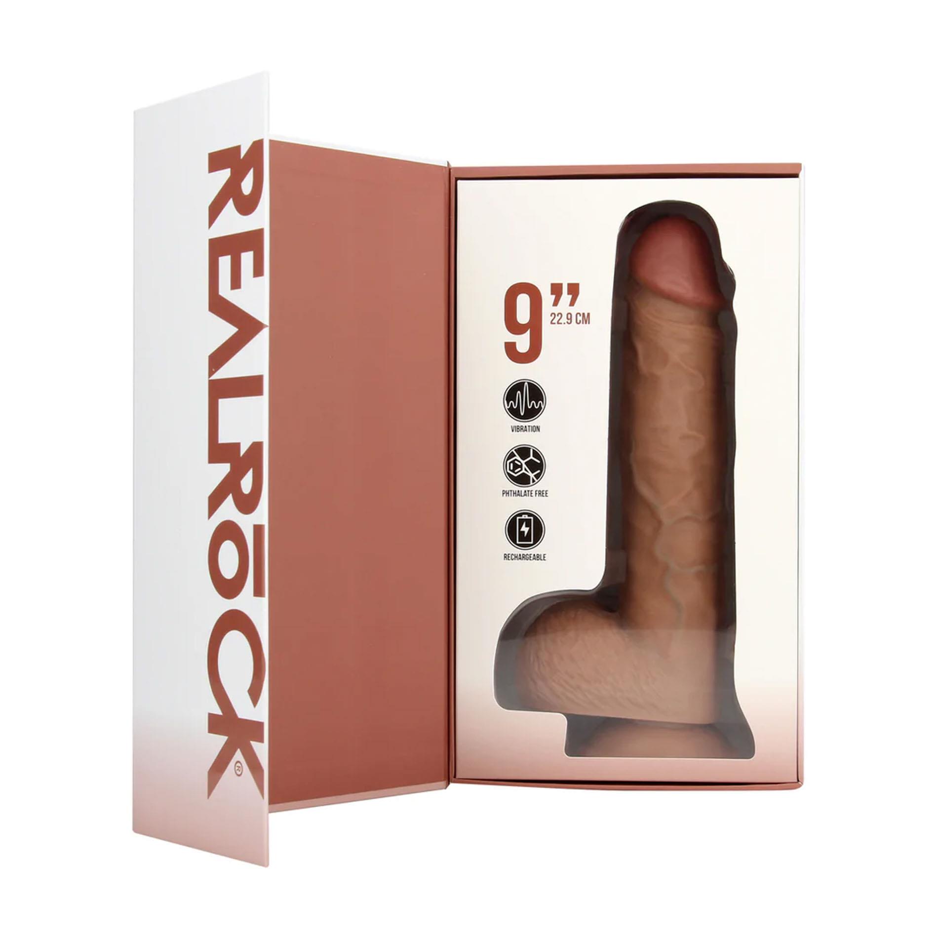 RealRock Vibrating Regular Straight Cock with Balls - Dildo, Brązowy, 23 cm