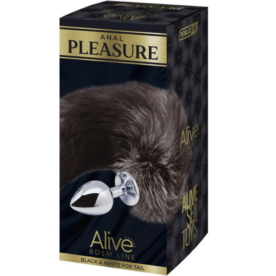 Korek analny Alive Anal Pleasure Black And White Fox Tail L, 9 cm (srebro)