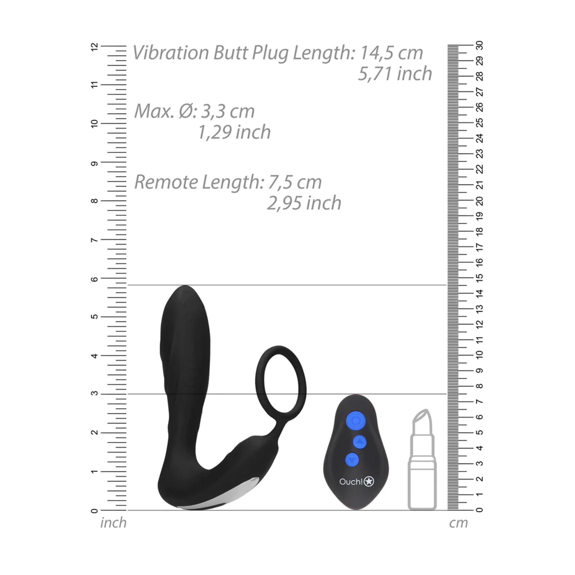 Анальна пробка Ouch! E-stim Vibrating Butt Plug Cockring, 14.5 см (чорний)