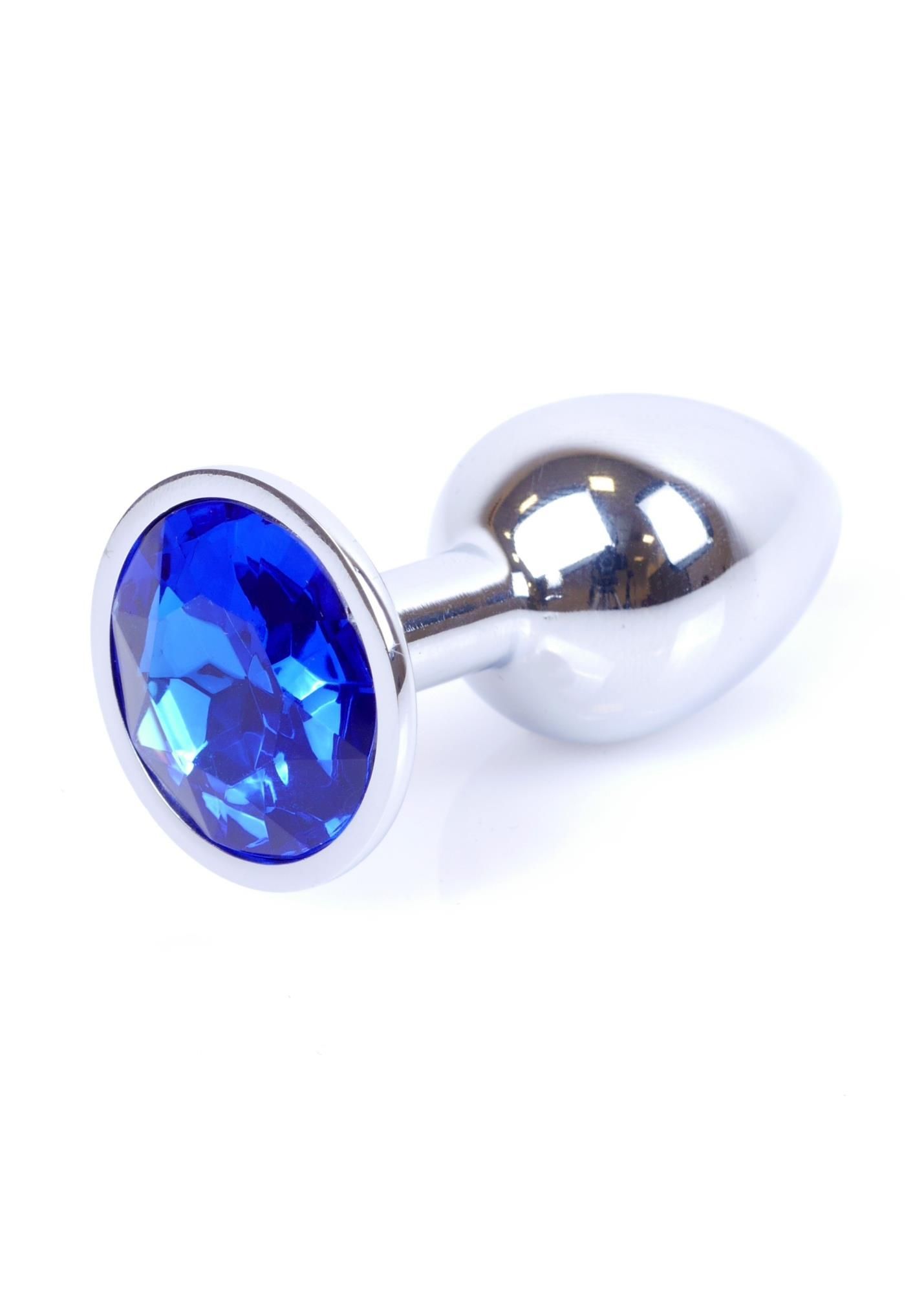 Металева анальна пробка з кристалом Boss Jewellery Silver Plug Dark, 7 см (синій)