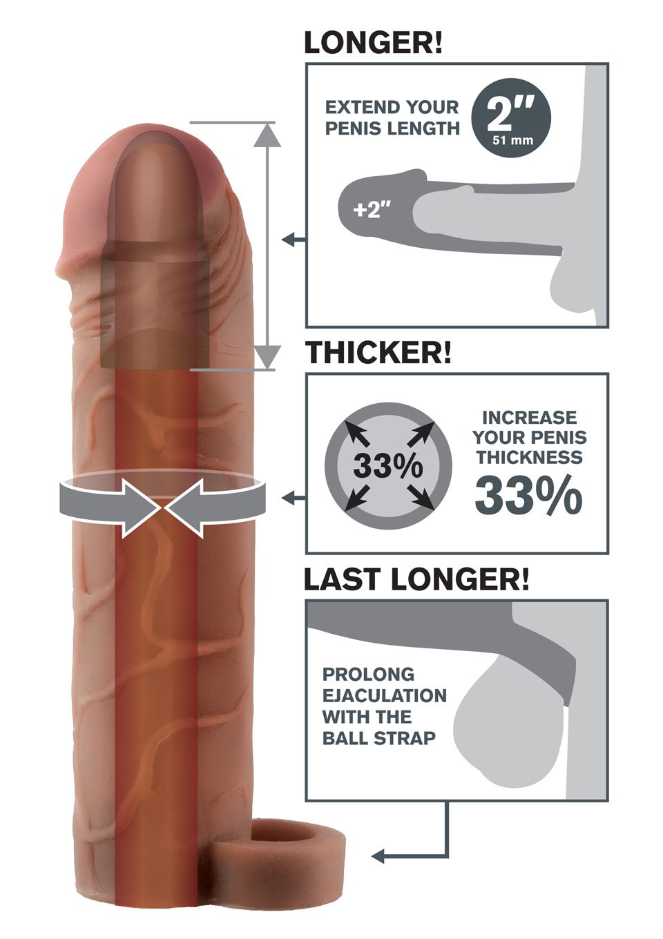 Насадка на пенис Pipedream Perfect 2" Extension with Ball Strap, 19,1 см (коричневый)