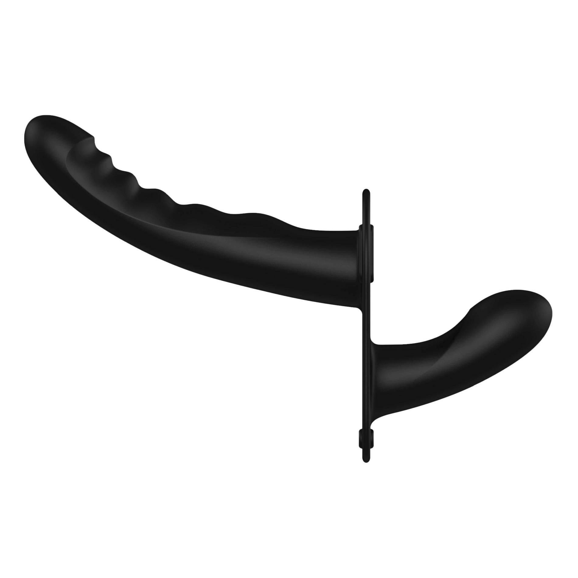 Pasek z podwójnym dildo Ouch! Dual Silicone Ribbed Strap-On, regulowany, czarny